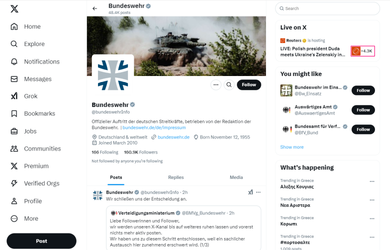 The Ministry of Defense and the Armed Forces of Germany "freeze" their accounts in "X"